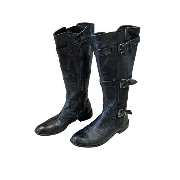 GTO Italia Black Leather Tall Boots Women’s Size 7.5 Zipper And Buckle Sides EUC - Picture 1 of 10